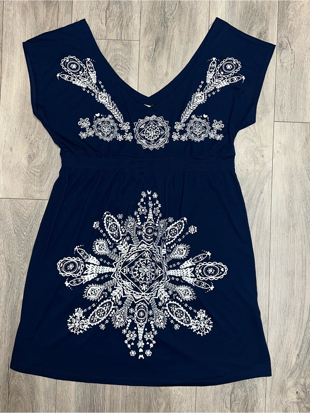 Venus Navy Blue Top Dress Blouse White Design Elastic Waist V-Neck Size XL